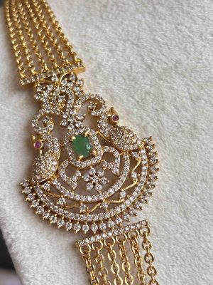 Gold Plated Multi Layer Chandra Haram with Dual Peacock Side Locket