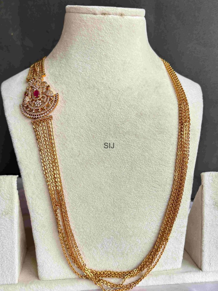 Dual Peacock Red Stone Side Locket Multi Layers Chandra Haram
