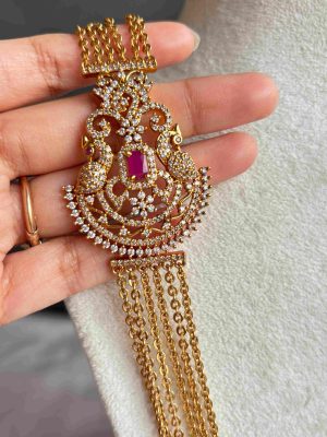 Dual Peacock Red Stone Side Locket Multi Layers Chandra Haram