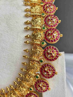 Gold Finish Peacock Haram with Kemp Stones Coins