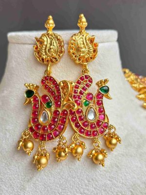 Gold Finish Peacock Haram with Kemp Stones Coins