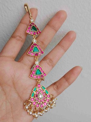 Gold Finish Jadau Kundan Maang Tikka with Pearl Hangings