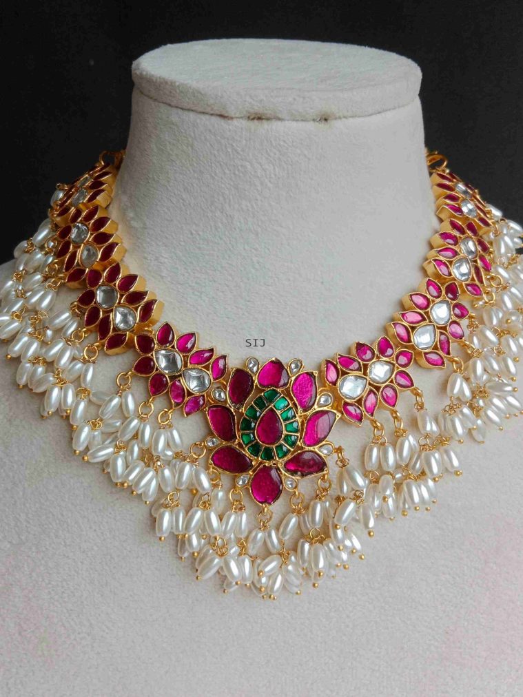 Gold Plated Jadau Kundan Lotus Guttapusalu Necklace