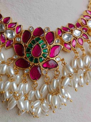 Gold Plated Jadau Kundan Lotus Guttapusalu Necklace