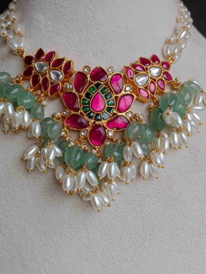 Imitation Jadau Kundan Lotus Pearl Choker with Green Beads Drops