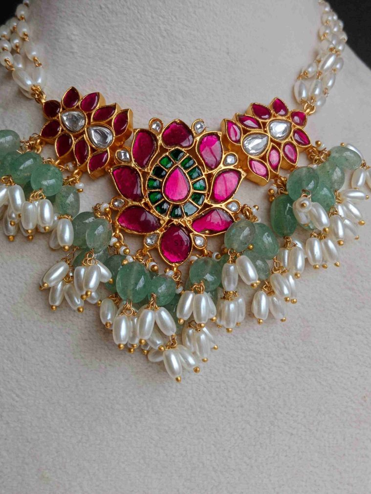 Imitation Jadau Kundan Lotus Pearl Choker with Green Beads Drops