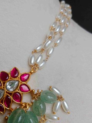 Imitation Jadau Kundan Lotus Pearl Choker with Green Beads Drops