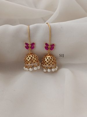 Gold Finish Hook Drop Ruby Leaf Jhumkas