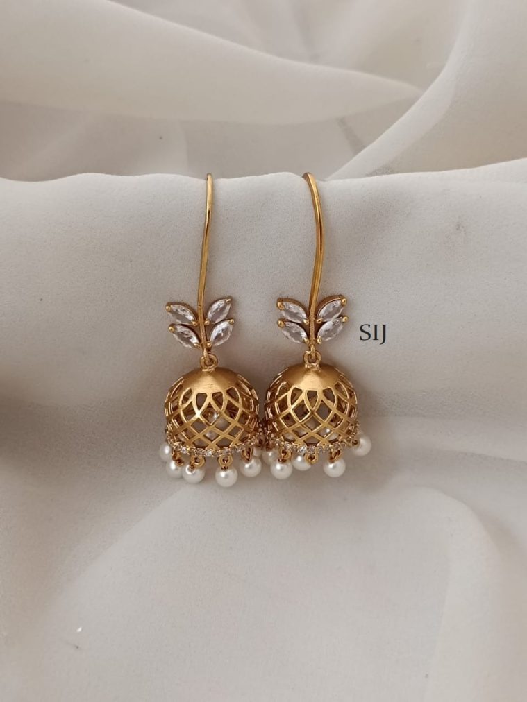 Gold Finish Hook Drop White Leaf Jhumkas