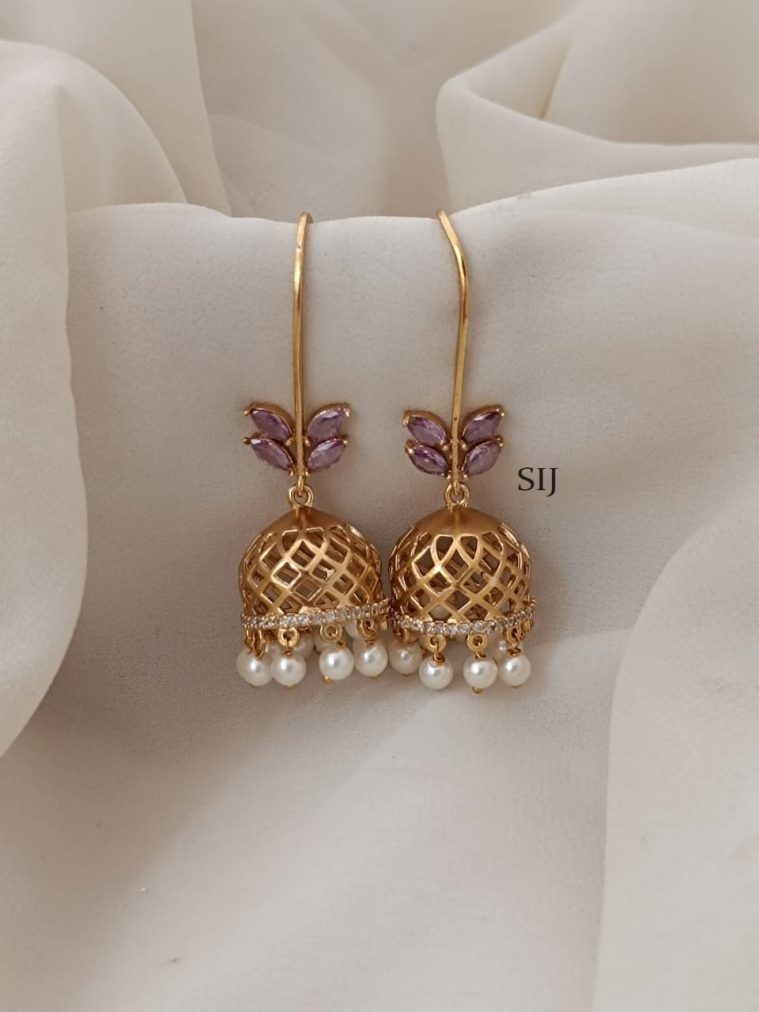 Gold Finish Hook Drop Lavendar Leaf Jhumkas