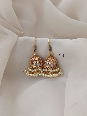 Gold Finish White Stones Hook Drop Jhumkas