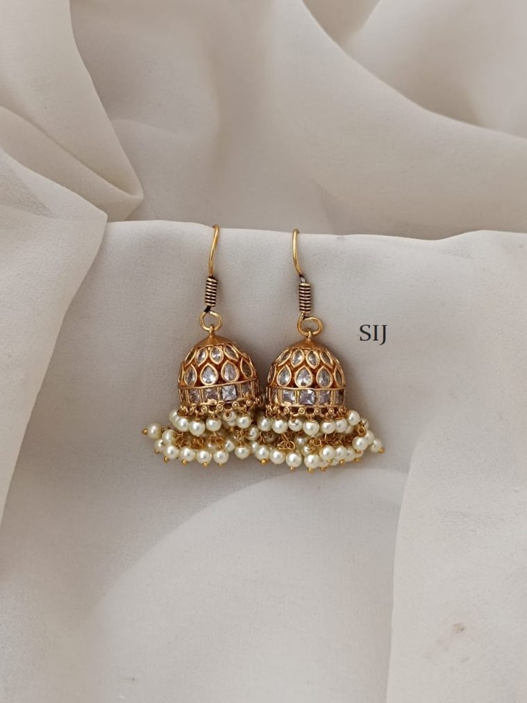 Gold Finish White Stones Hook Drop Jhumkas