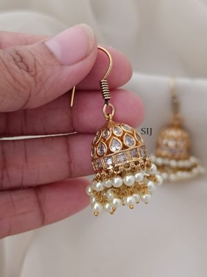 Gold Finish White Stones Hook Drop Jhumkas