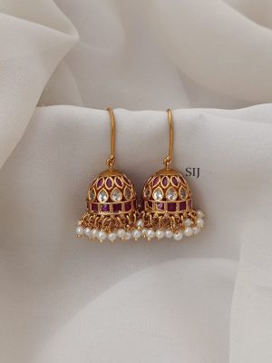 Gold Finish White And Ruby Stones Hook Drop Jhumkas