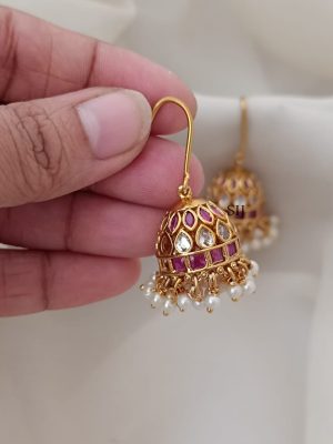 Gold Finish White And Ruby Stones Hook Drop Jhumkas