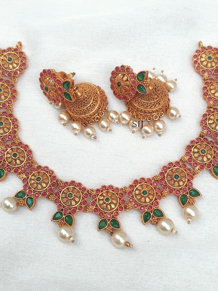 Gold Finish Ruby Emerald Necklace