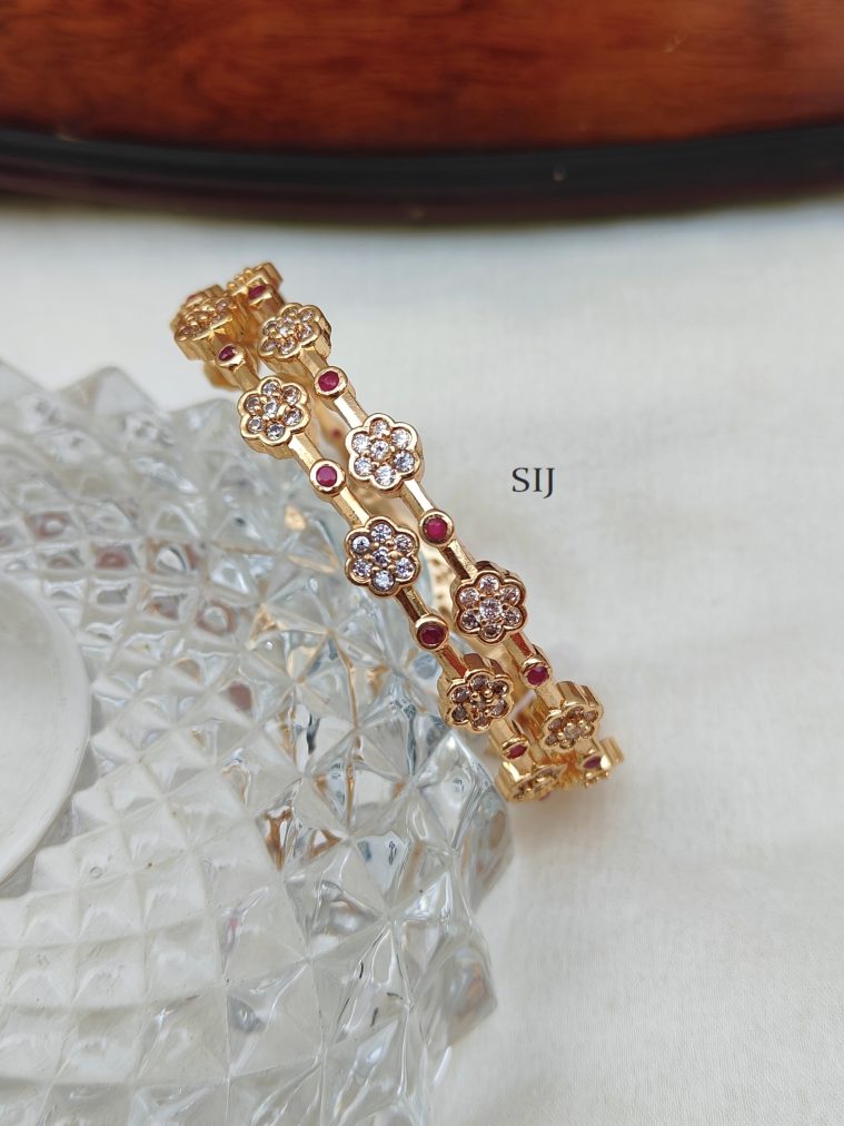 Gold Finish White flower Ruby Stone bangles