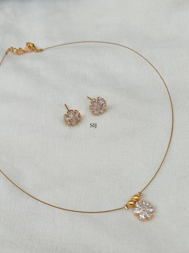 Matte Finish White Stones Flower Pendant Invisible Necklace