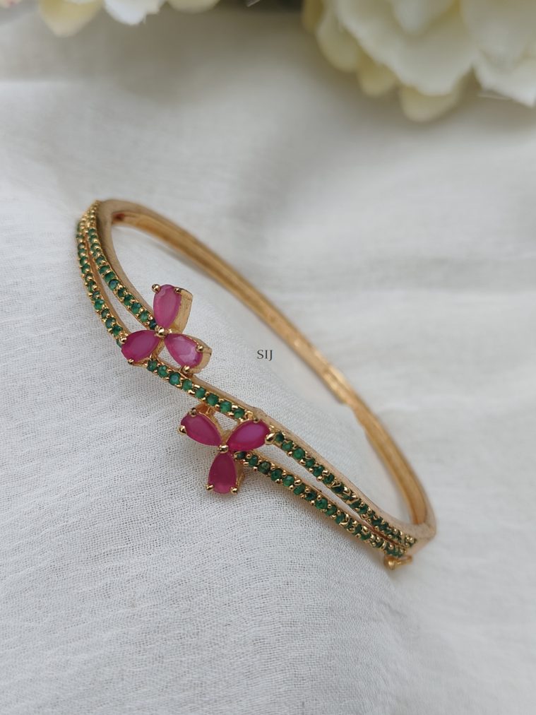 Gold Finish Pink and Green Stones Kada Bracelet