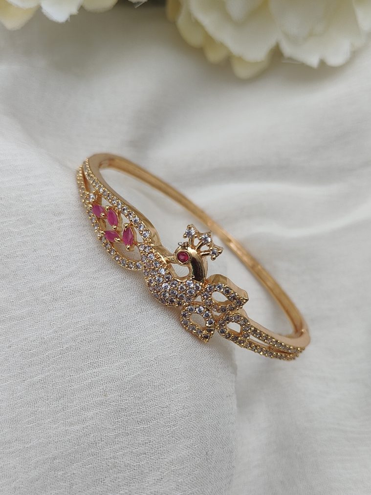 Gold Finish Pink and White Stones Peacock Kada Bracelet