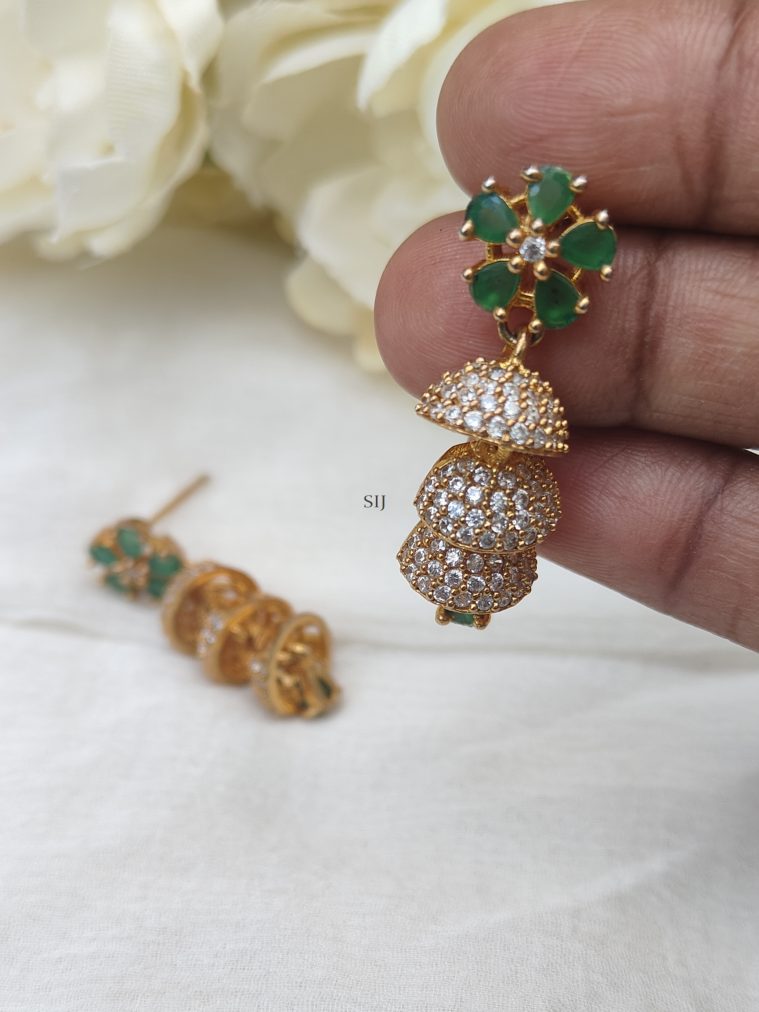 Green Flower Earrings with Three Layers White Stones Jhumkas