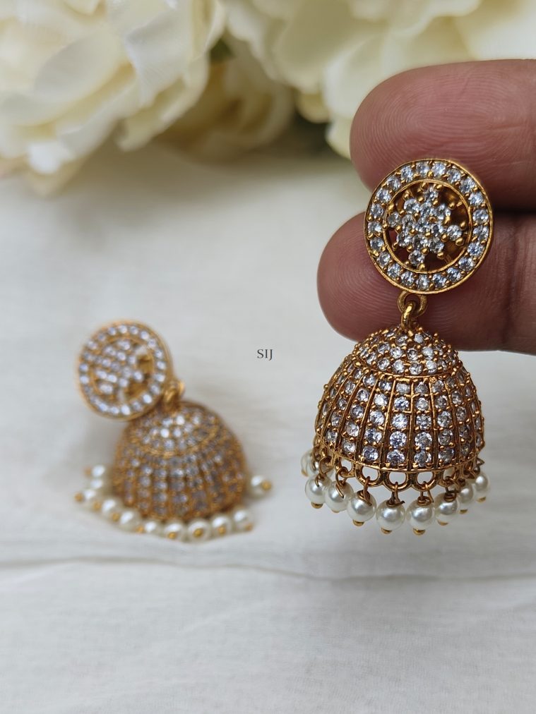 Matte Finish AD Stones Earrings with Pearl Hanging Jhumkas