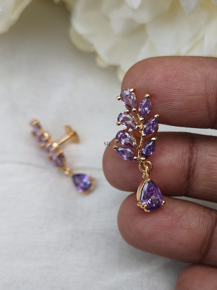 Gold Finish Purple Colour AD Stones Leaf Design Earrings