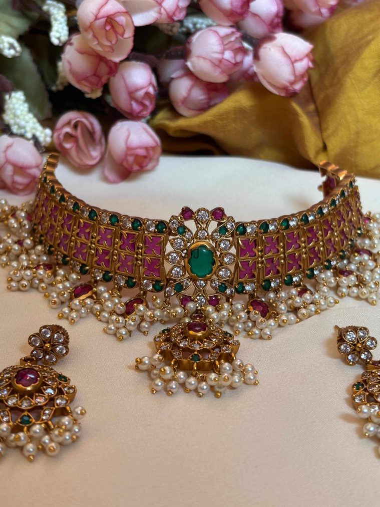 Gold Finish Emerald Pearl Bridal Choker