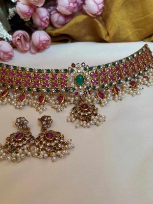 Gold Finish Emerald Pearl Bridal Choker