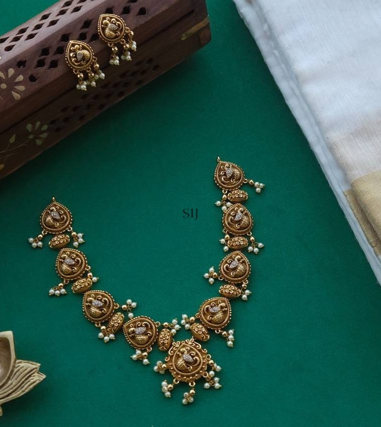 Antique Finish Mayuri Necklace with Pearl Hangings