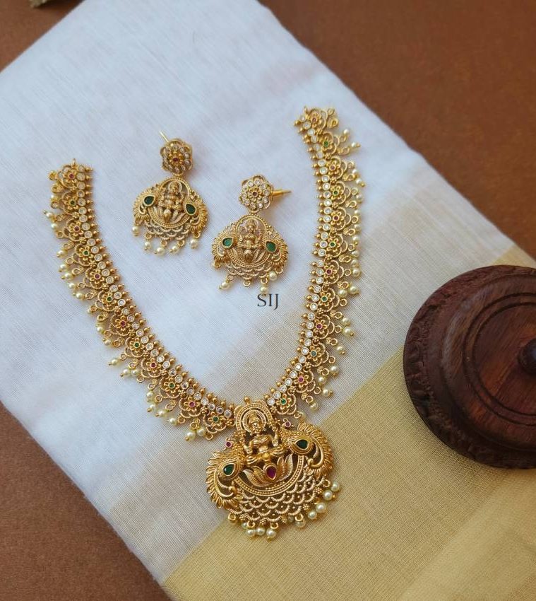 Matte Gold Finish Lakshmi and Peacock Pendant Necklace