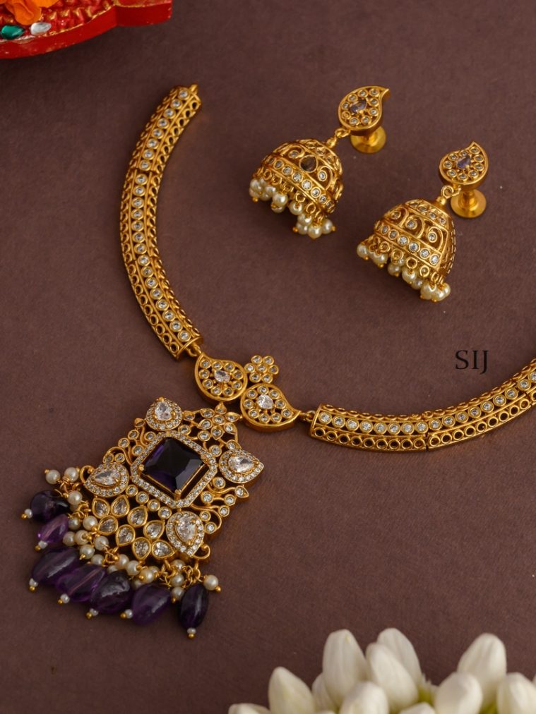 Gold Finish Violet AD Hasli Necklace