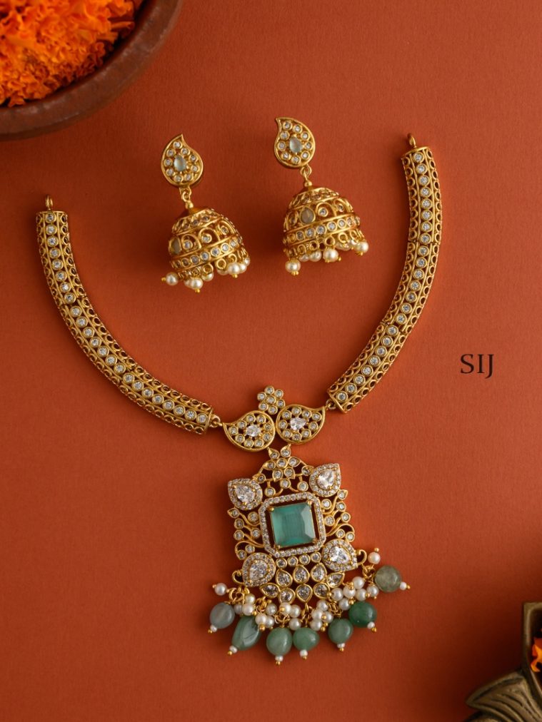 Gold Finish Pastel Green AD Hasli Necklace
