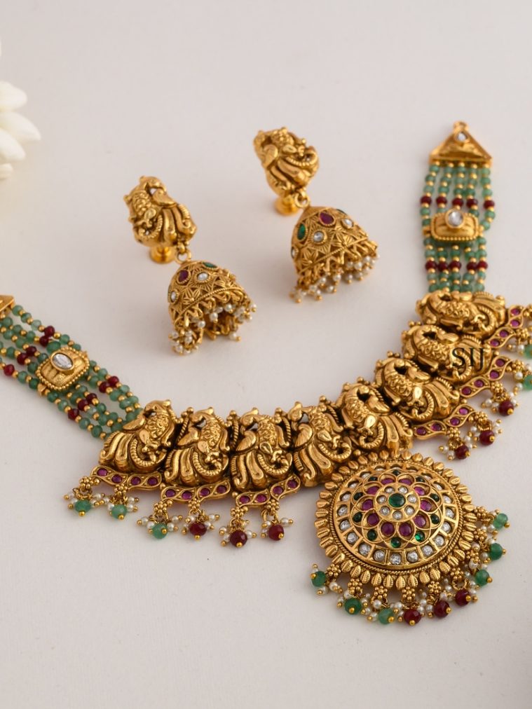 Gold Look Alike Peacock Mint Green Beaded Necklace