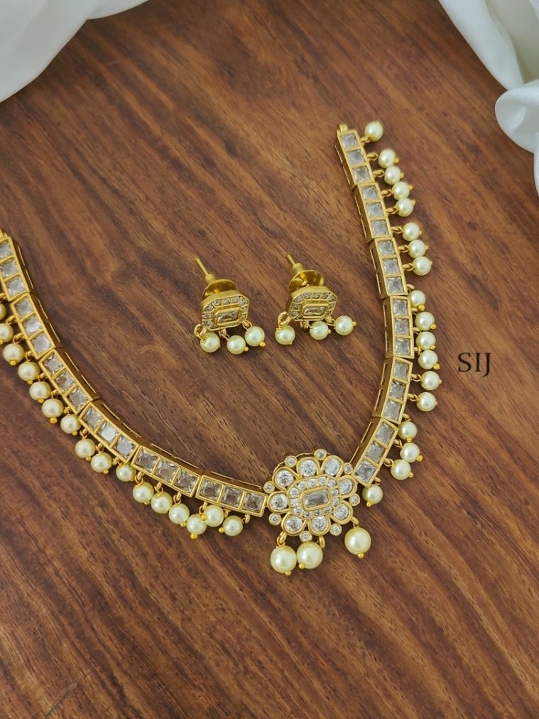 White AD Stone Necklace with Pearls