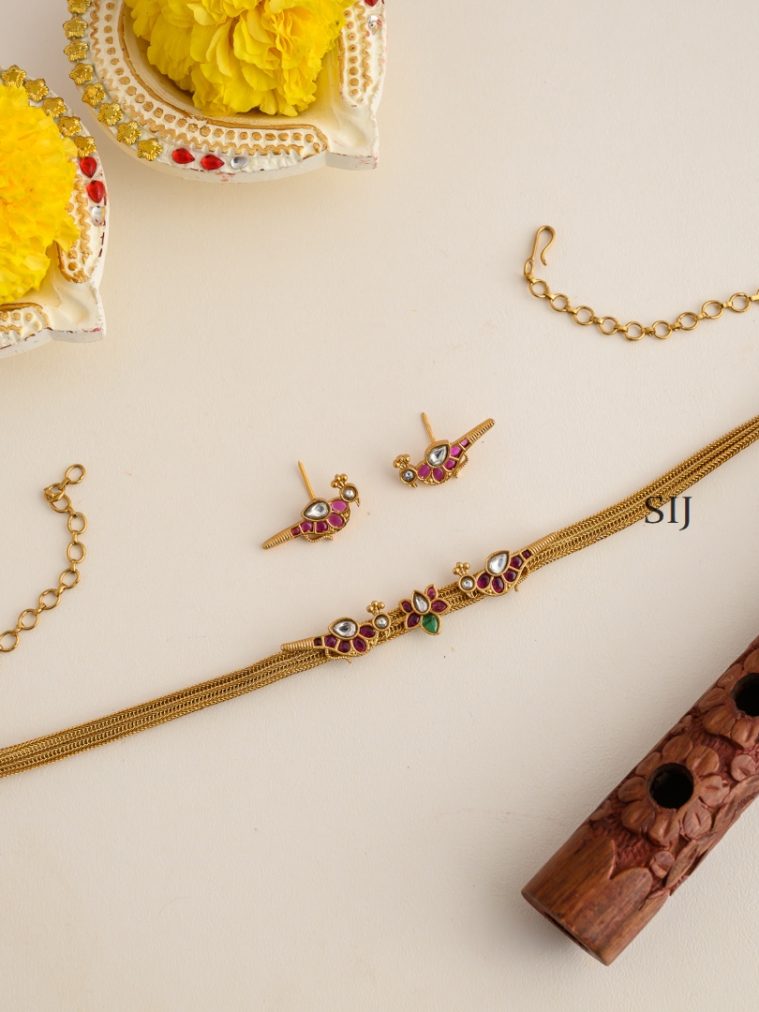 Lotus With Parrot Multi Stones Matt Necklace