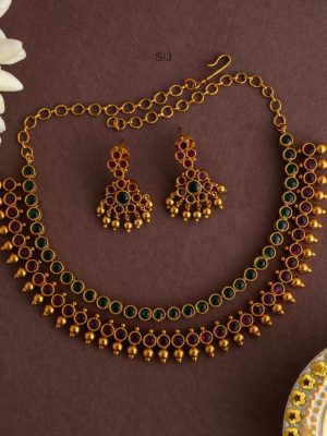 Gold Finish Two Layers Kemp Stones Necklace