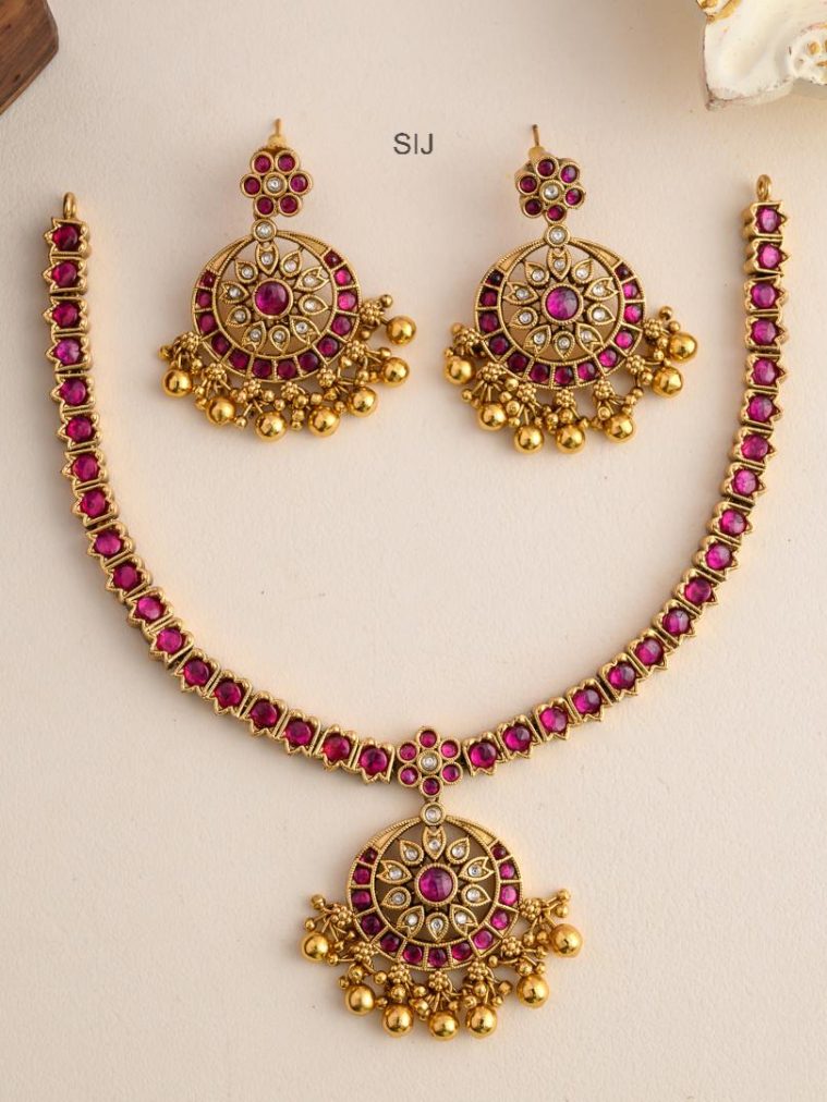 Gold Look Alike Ruby and Kemp Attigai Necklace