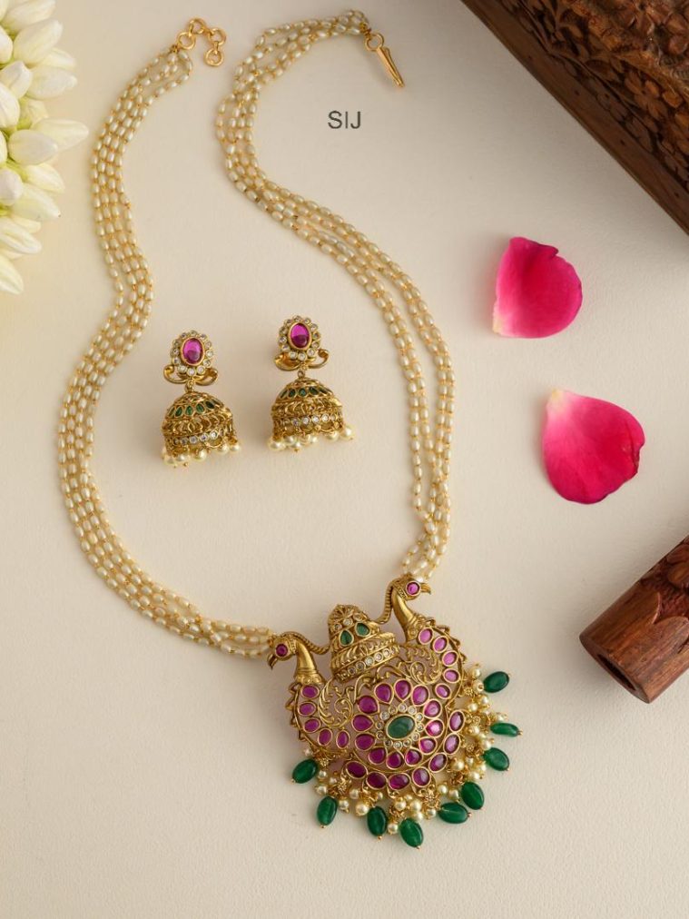 Imitation Ruby Dual Peacock with Rice Pearl Haram