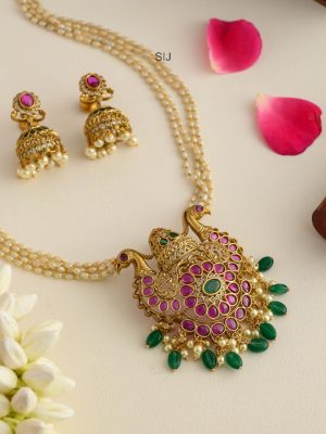 Imitation Ruby Dual Peacock with Rice Pearl Haram