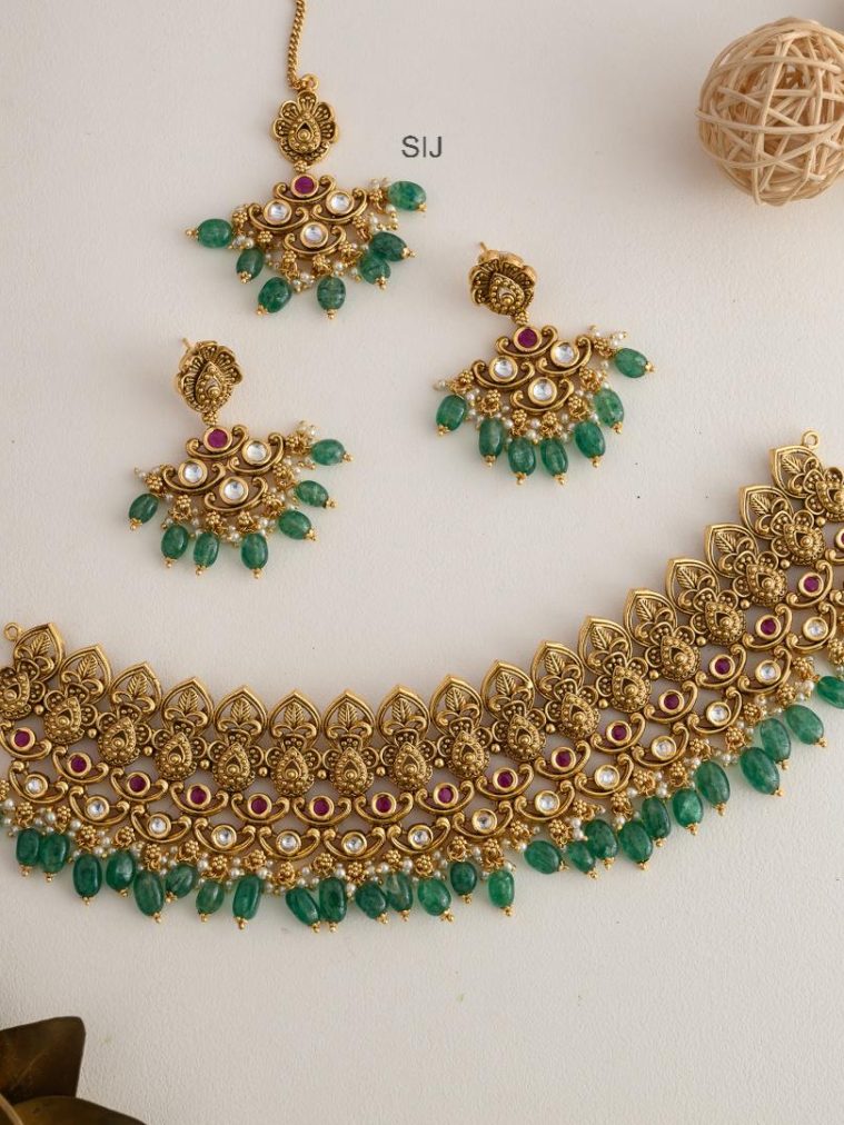 Bridal High Neck Choker Set with Green Beads Hangings