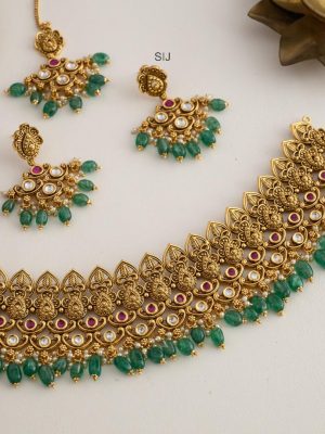 Bridal High Neck Choker Set with Green Beads Hangings