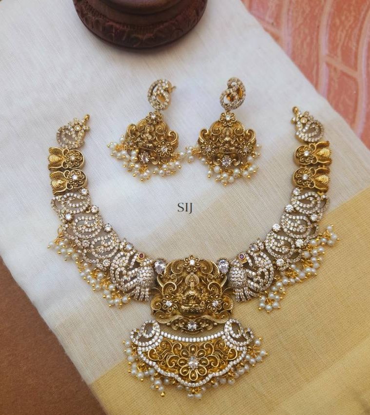 Traditional Lakshmi Pendant White Stones Necklace