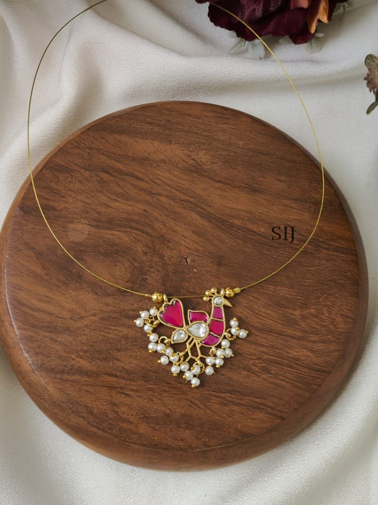 Pink with White Peacock Kundan Jadau Invisible Necklace