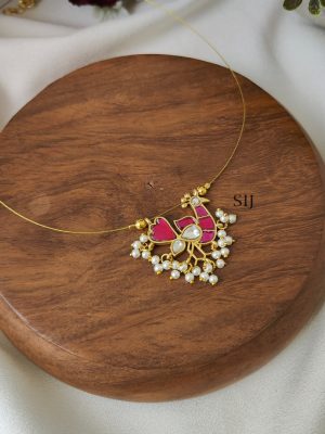 Pink with White Peacock Kundan Jadau Invisible Necklace
