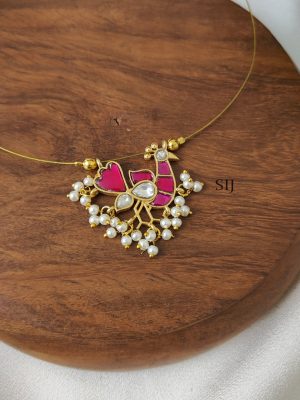 Pink with White Peacock Kundan Jadau Invisible Necklace
