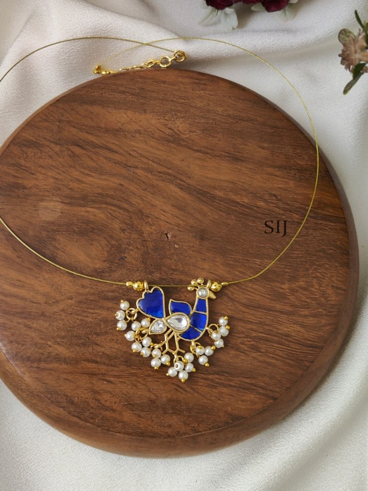 Blue with White Peacock Kundan Jadau Invisible Necklace