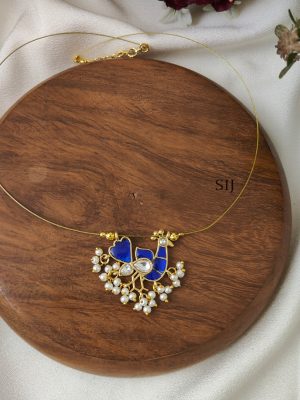 Blue with White Peacock Kundan Jadau Invisible Necklace