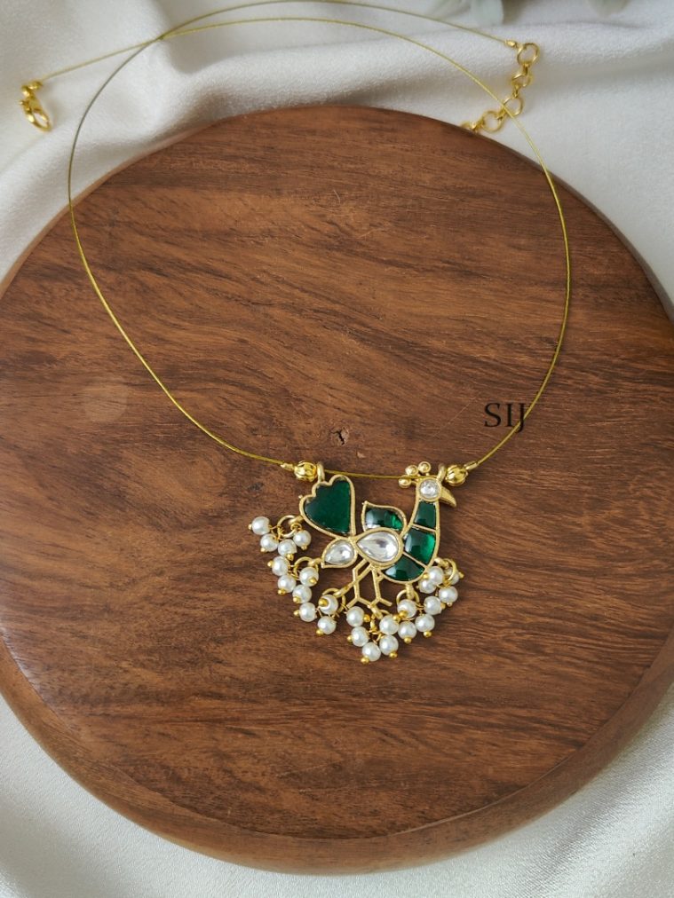 Green with White Peacock Kundan Jadau Invisible Necklace