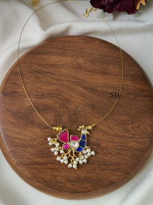 Blue with Pink Peacock Kundan Jadau Invisible Necklace